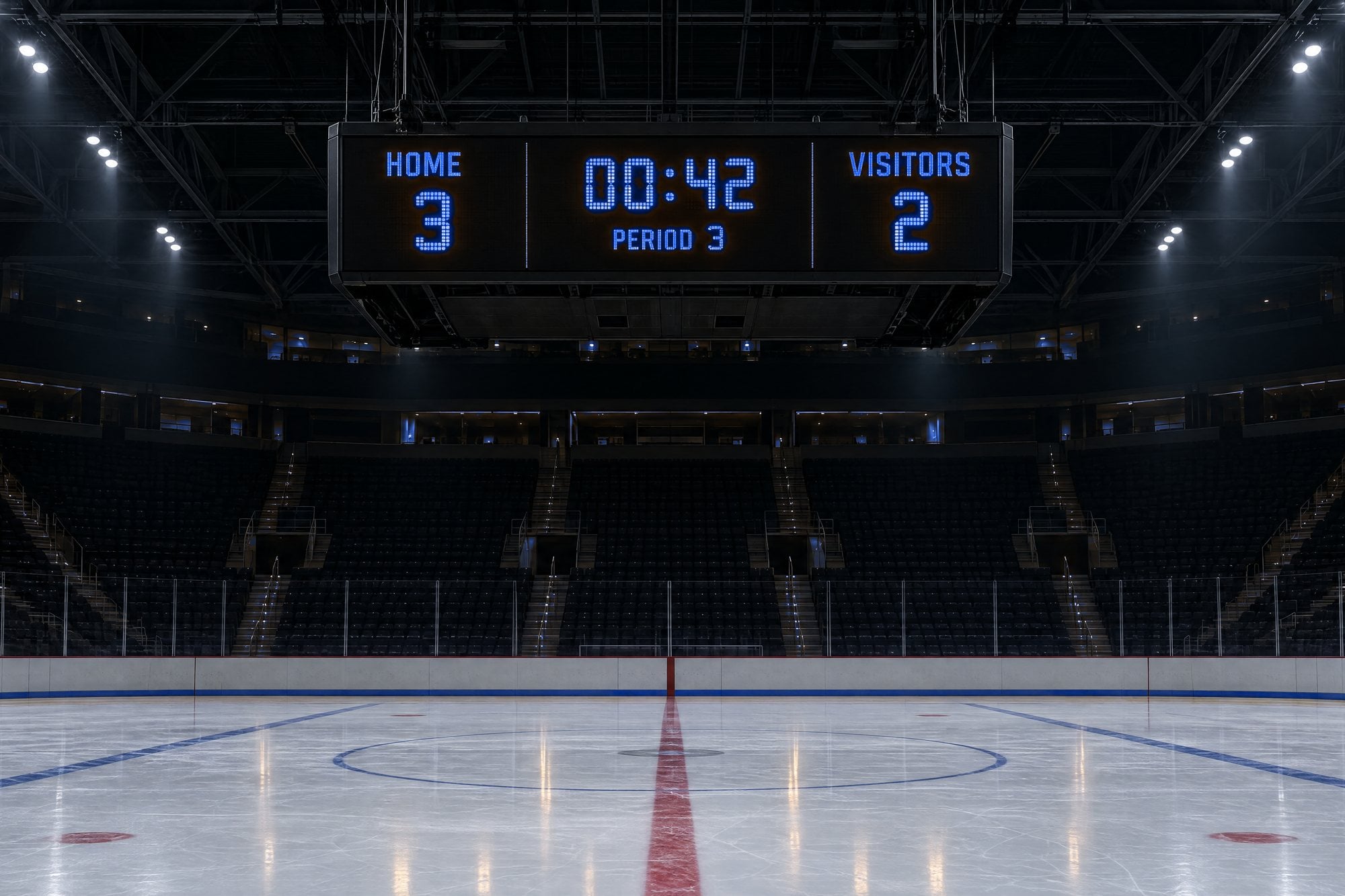 Empty ice hockey arena with blue LED scoreboard showing Home 3, Visitors 2 and 00:42
