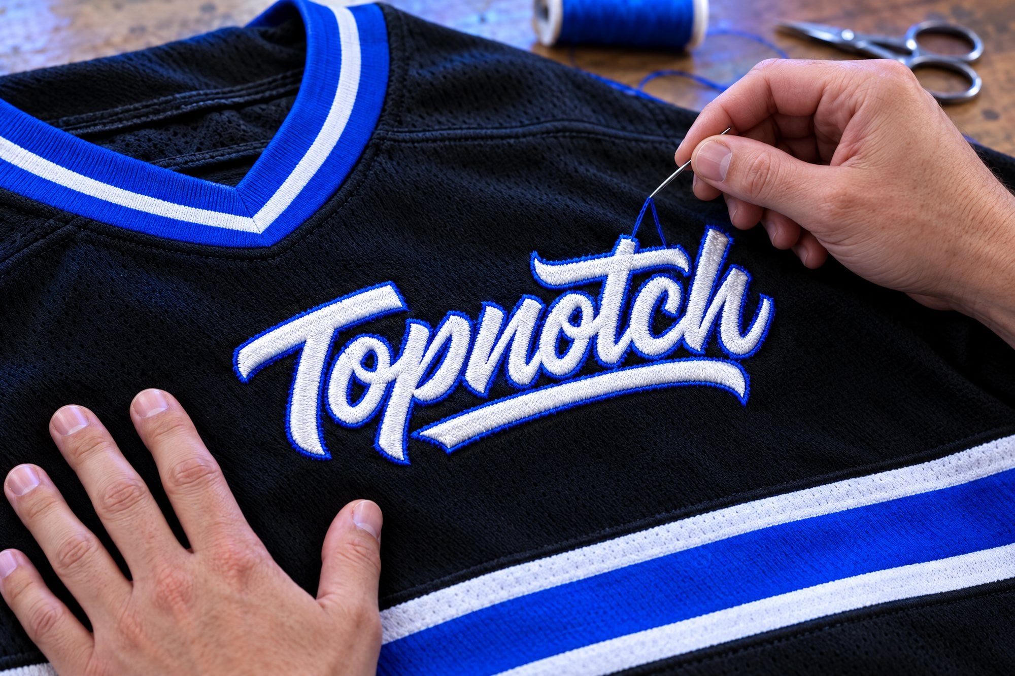 Two hands sewing a white and electric-blue Topnotch script patch onto a black hockey jersey