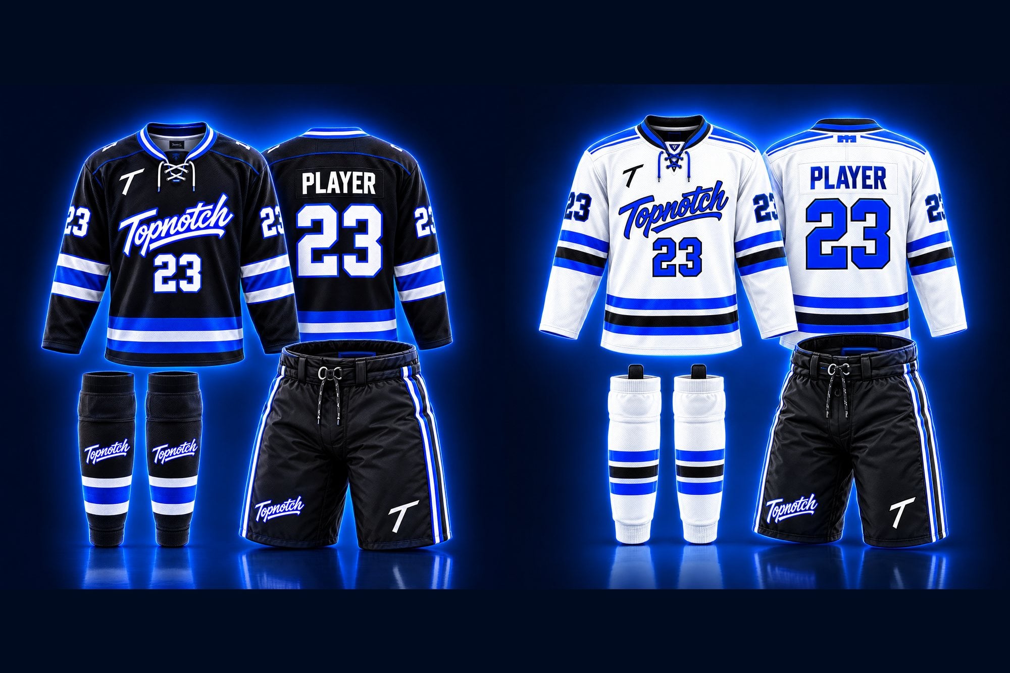 Example design: two complete Topnotch hockey kits, black and white, with jersey fronts and backs, socks and shells