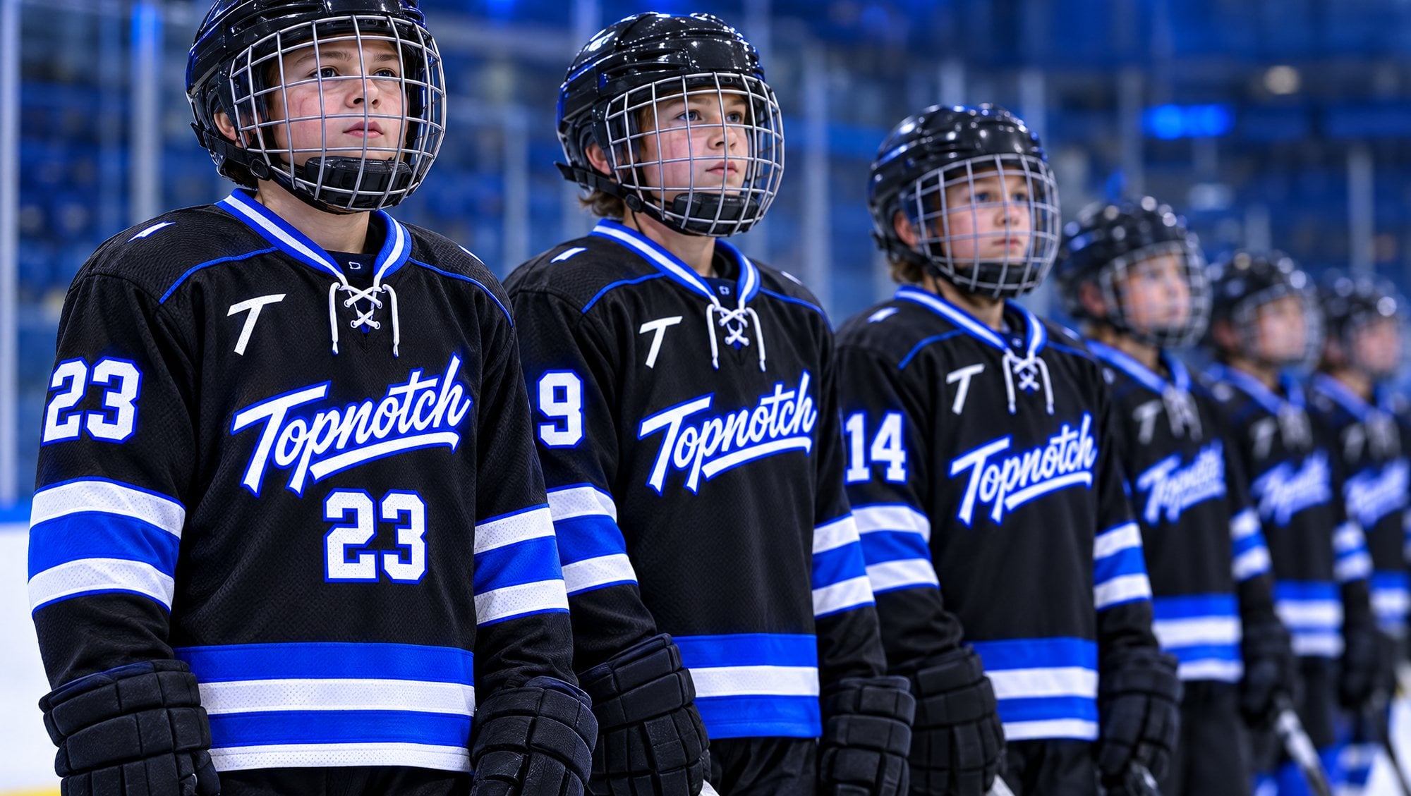 Youth hockey team in black and electric-blue Topnotch jerseys on the blue line