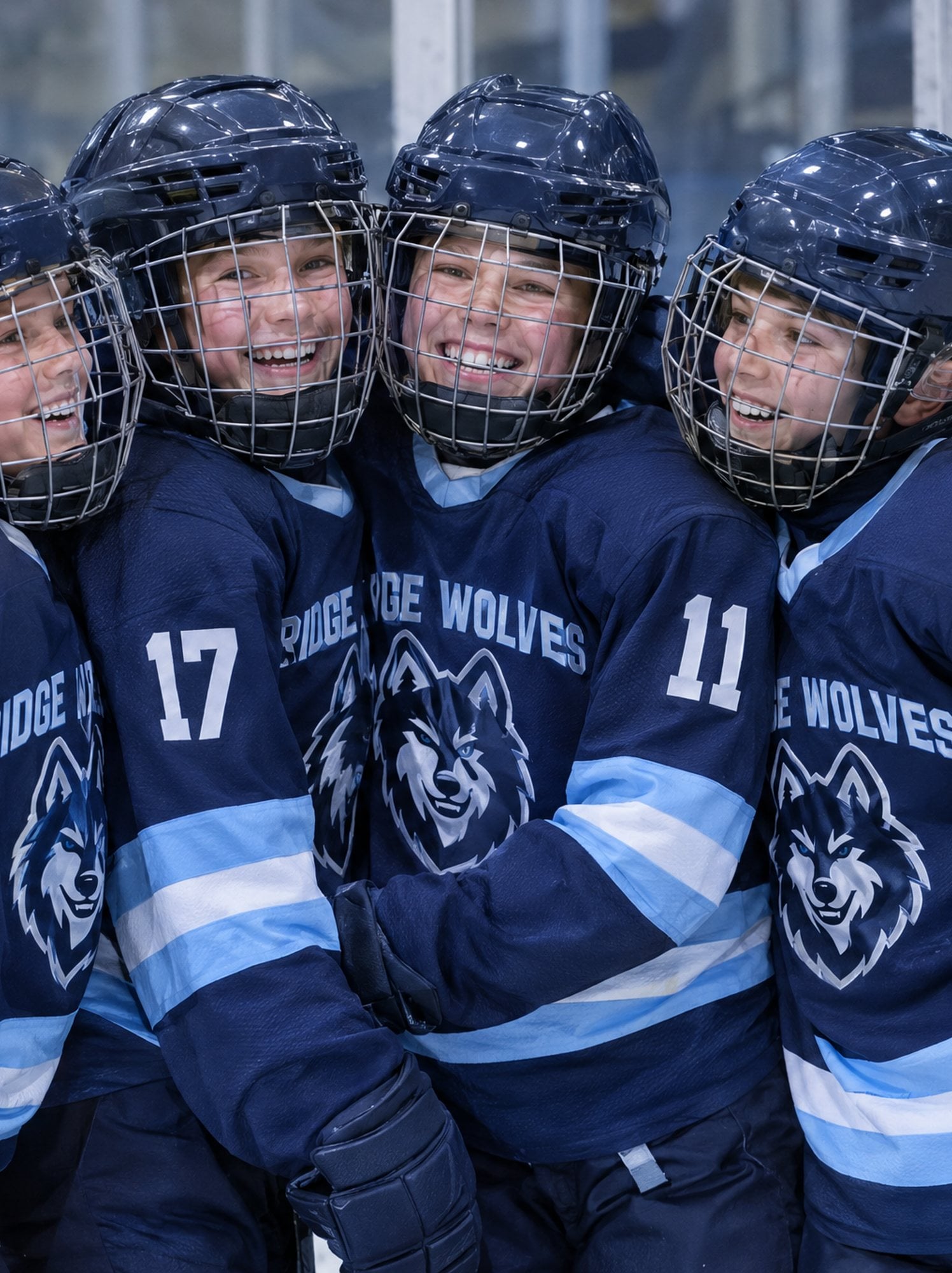 Youth hockey teammates in navy and ice-blue wolf-crest jerseys huddling on the ice