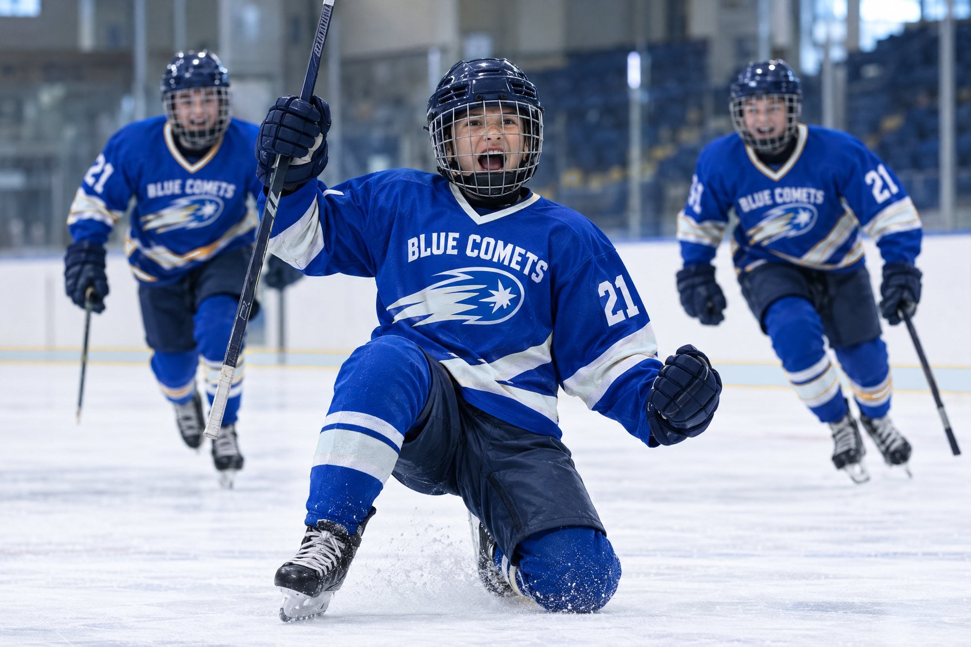 Youth hockey players in blue and chrome uniforms celebrating a goal on the ice